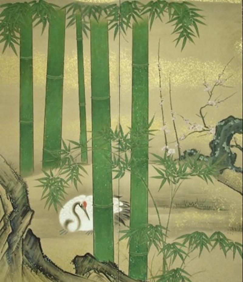 Japanese Two Panel Screen Crane Bamboo and Plum