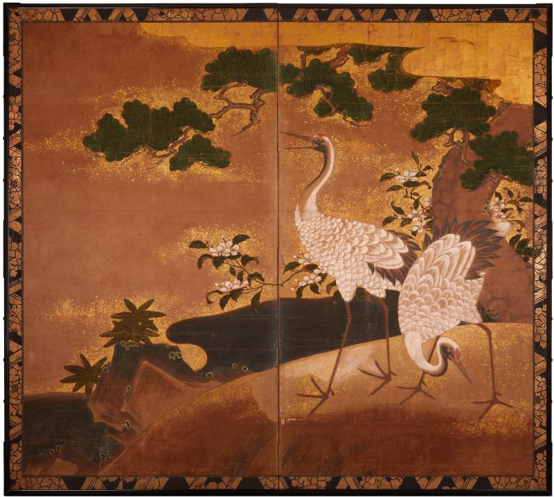 Japanese Two Panel Screen Cranes on Gold