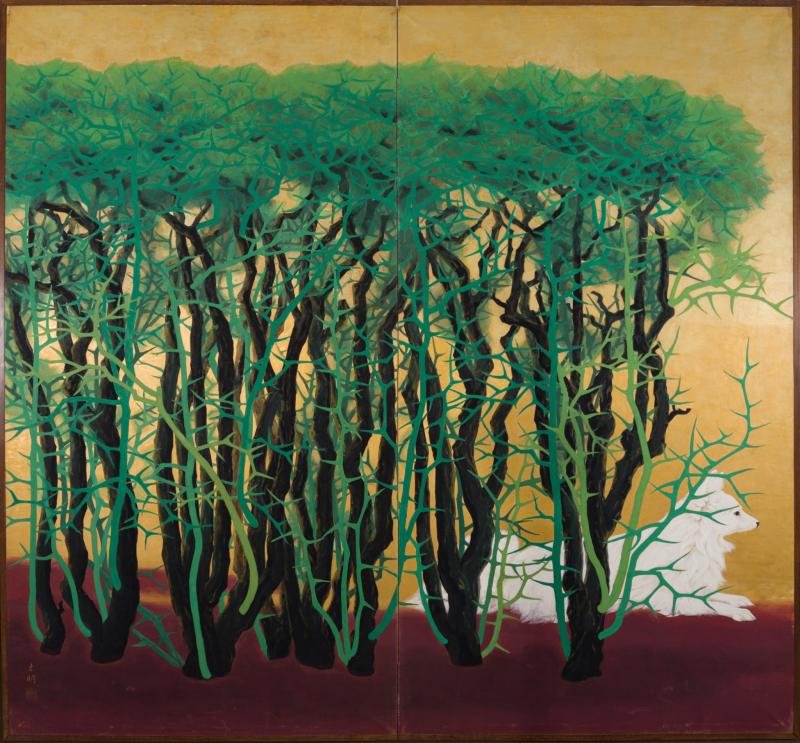 Japanese Two Panel Screen Dog Resting Beside a Thorny Hedge