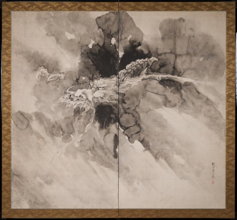 Japanese Two Panel Screen Dragon in the Mist