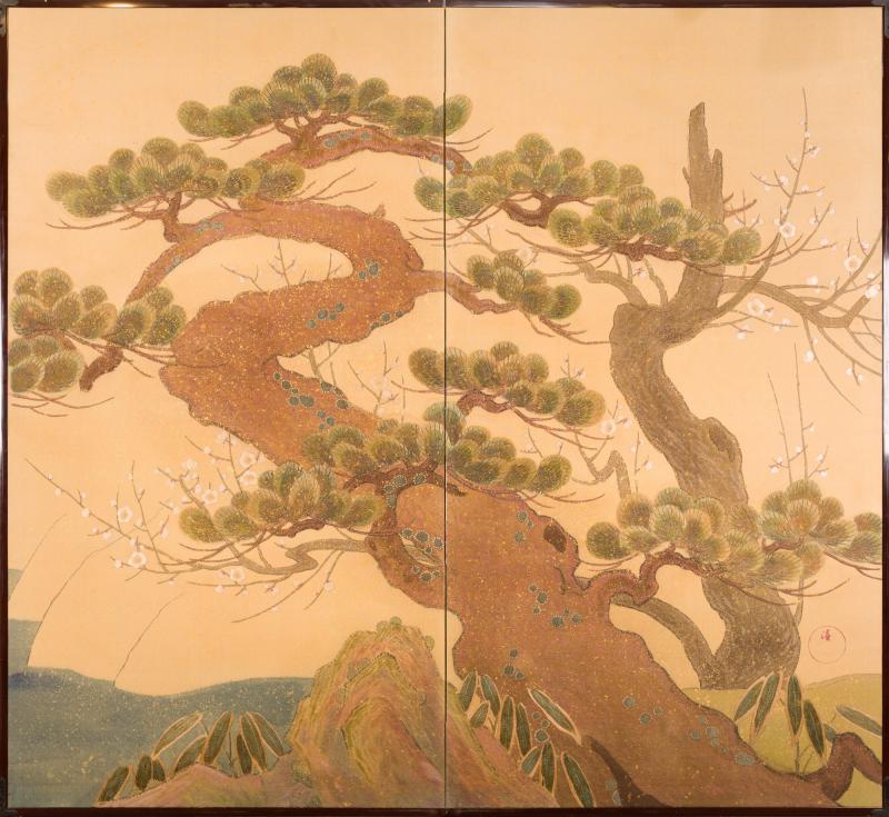 Japanese Two Panel Screen Embroidered Pine at Water s Edge