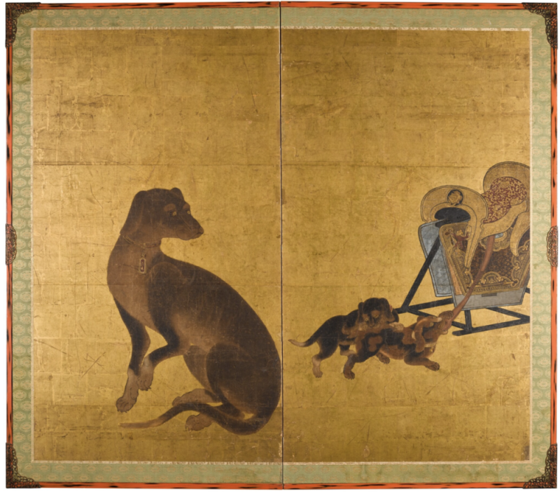 Japanese Two Panel Screen European Hound and Puppies