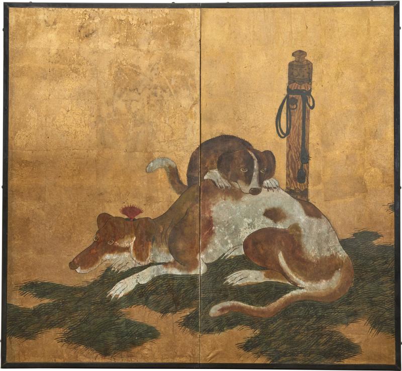 Japanese Two Panel Screen European Hounds