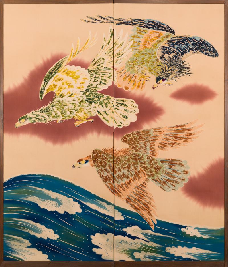 Japanese Two Panel Screen Falcons in Flight