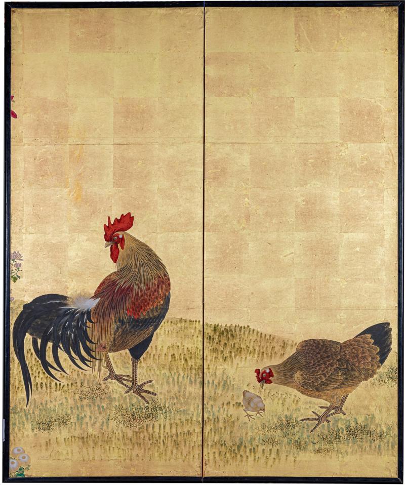 Japanese Two Panel Screen Family of Chickens on Gold Leaf