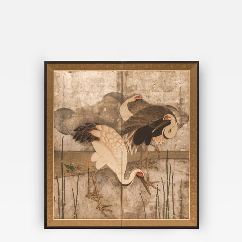 Japanese Two Panel Screen Family of Storks at Rivers Edge