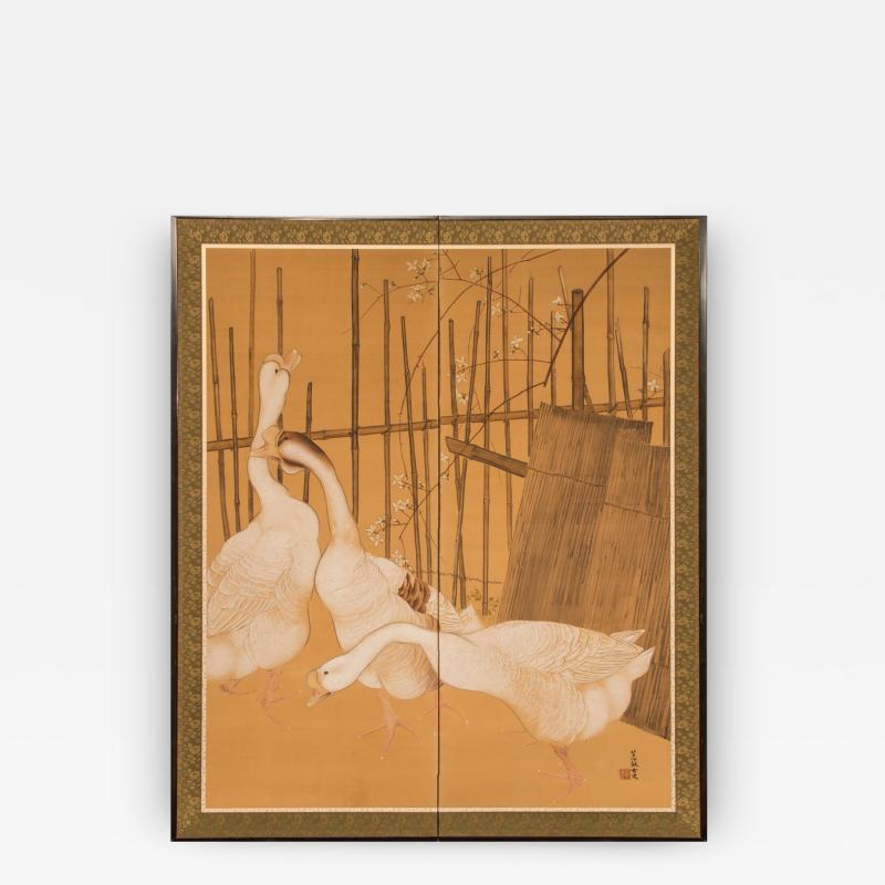 Japanese Two Panel Screen Farm Geese and Bamboo Fence