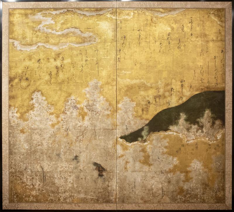 Japanese Two Panel Screen Farmhouse in a Forest of Cherry Blossoms