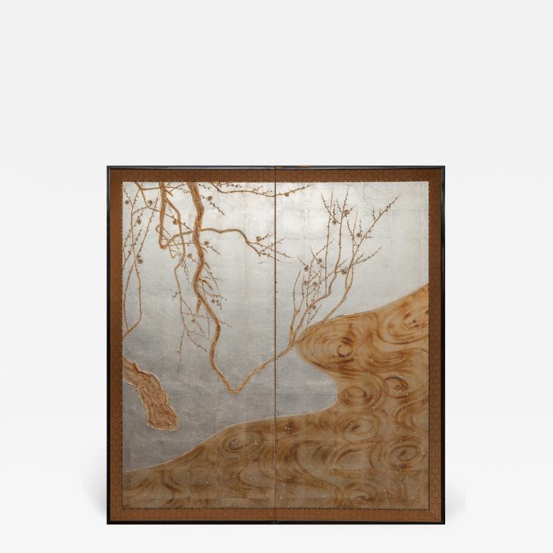 Japanese Two Panel Screen Flowering Tree by Edge of a Stream