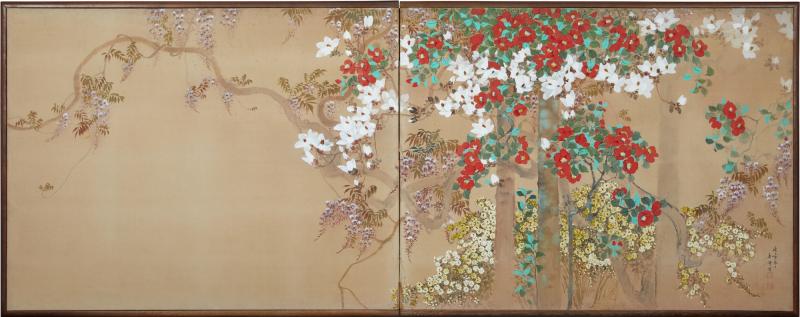 Japanese Two Panel Screen Flowering Vines and Wisteria