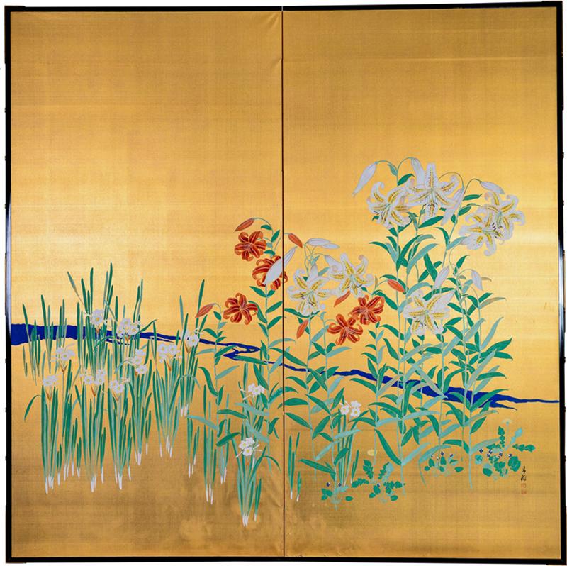 Japanese Two Panel Screen Flowers by River s Edge