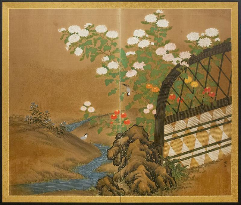 Japanese Two Panel Screen Garden Scene with Crysanthemums