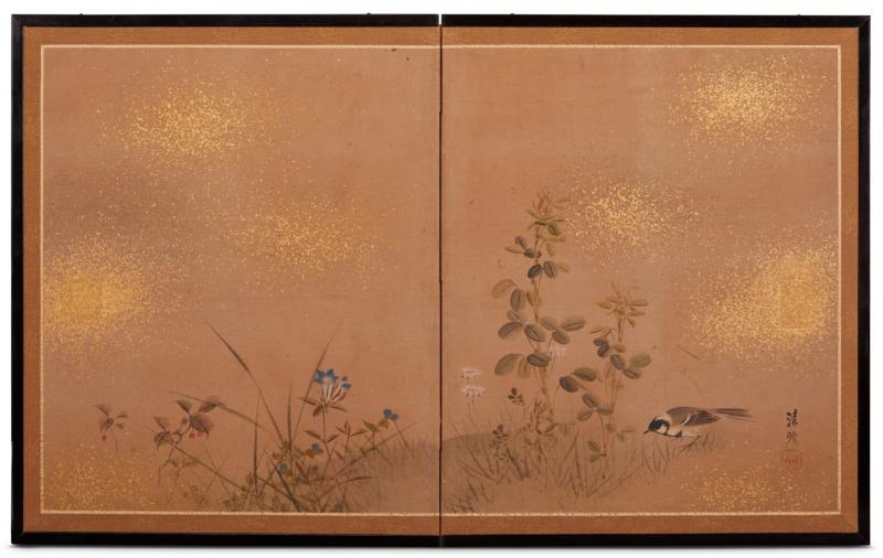 Japanese Two Panel Screen Gentle Landscape of Sparrow and Flowers