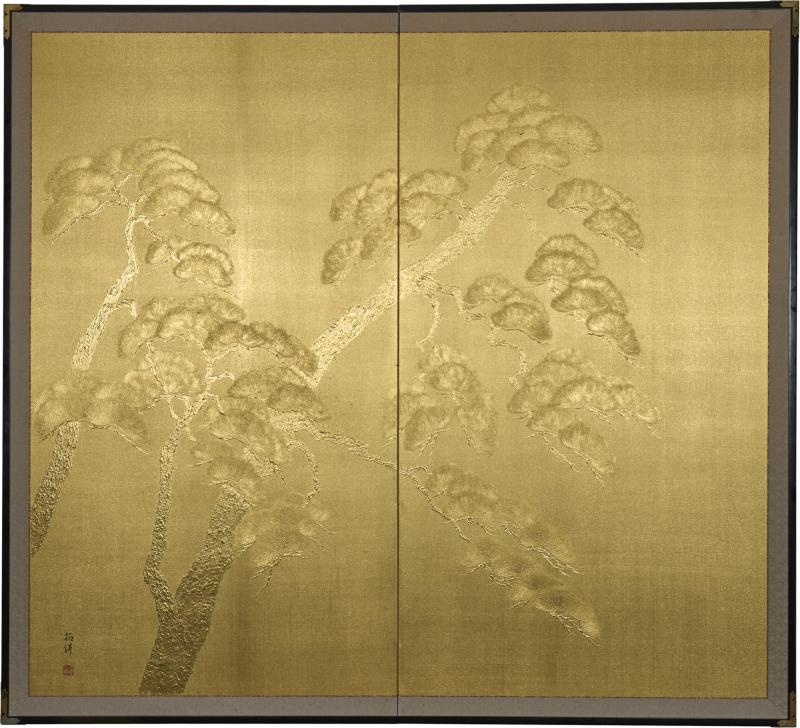 Japanese Two Panel Screen Gilded Pine