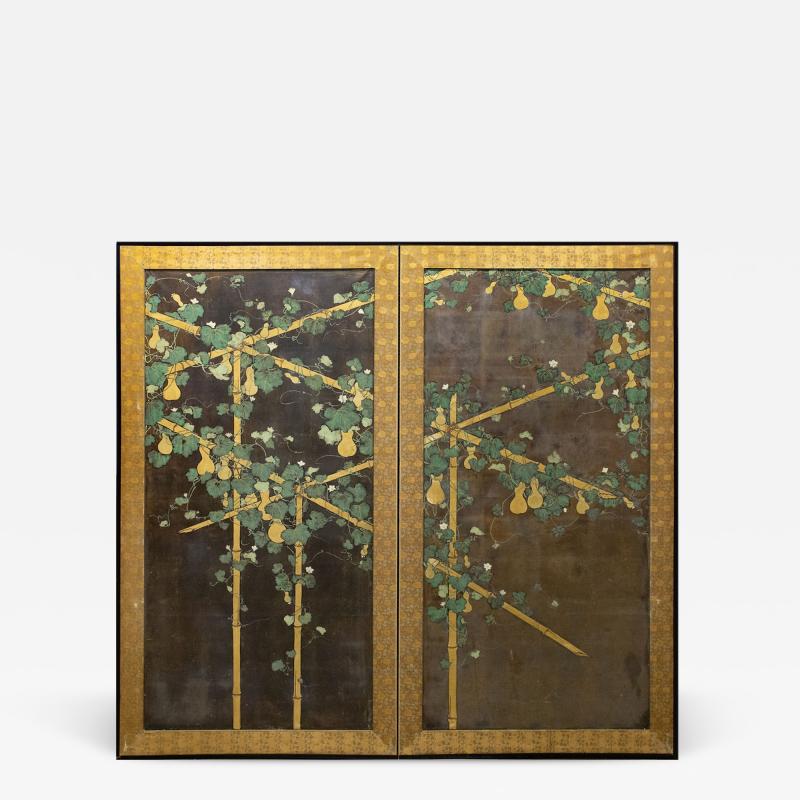 Japanese Two Panel Screen Gourds on Bamboo Arbor