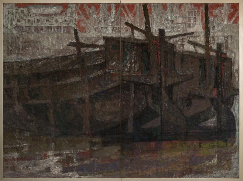 Japanese Two Panel Screen Harbor Scene in Abstract Form