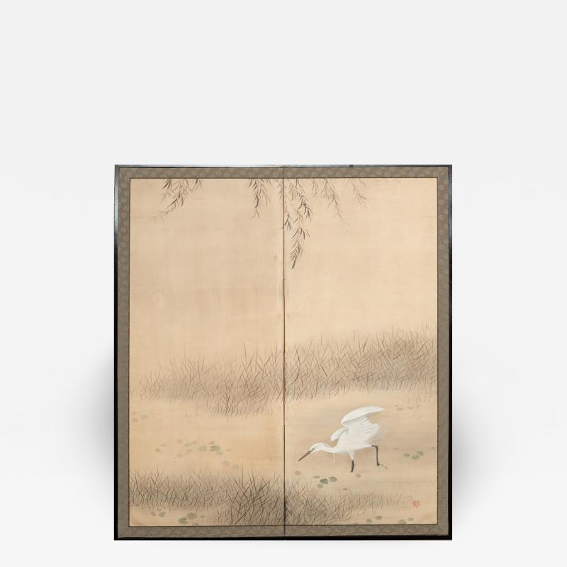 Japanese Two Panel Screen Heron In Water Lily Pond Under Willow