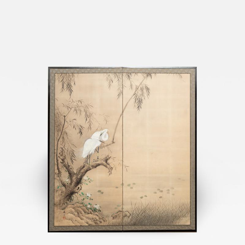 Japanese Two Panel Screen Herons in Willow by Water Lily Pond