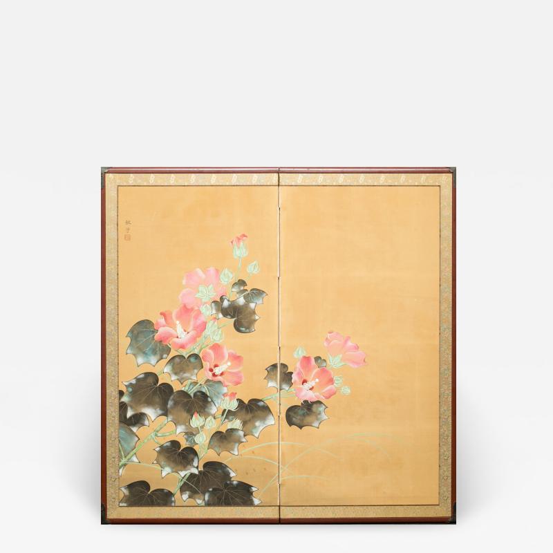 Japanese Two Panel Screen Hibiscus Flowers