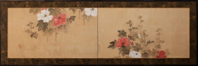 Japanese Two Panel Screen Hollyhocks