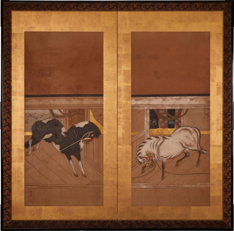 Japanese Two Panel Screen Horses in Stable