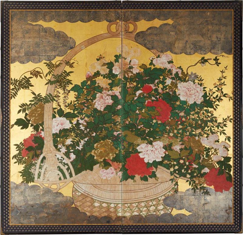 Japanese Two Panel Screen Ikebana