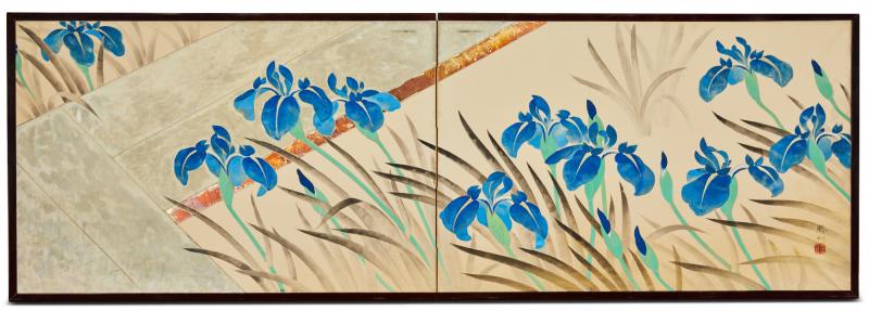 Japanese Two Panel Screen Irises Along a Raised Garden Walkway