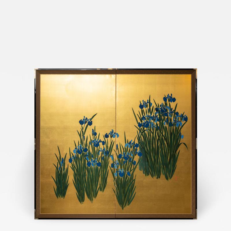 Japanese Two Panel Screen Irises on Gold