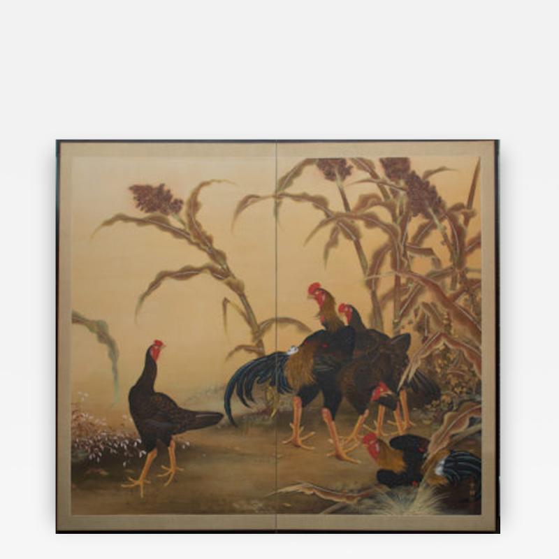 Japanese Two Panel Screen Japanese Chickens Shamo Breed in a Millet Grove