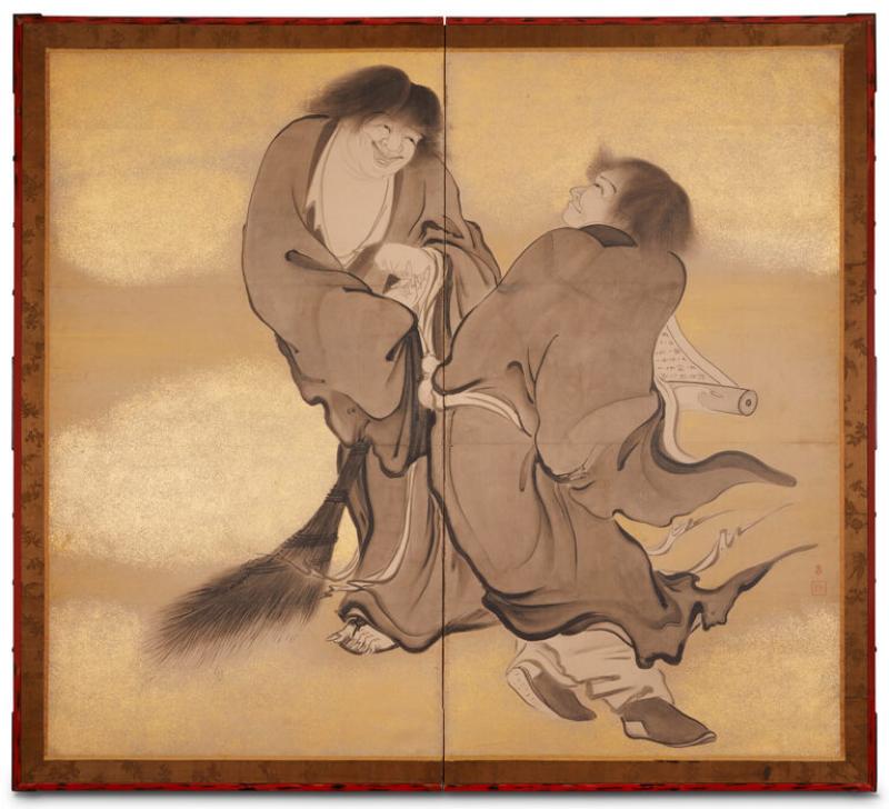 Japanese Two Panel Screen Kanzan and Jittoku