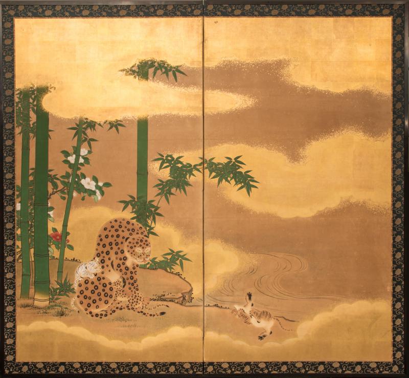 Japanese Two Panel Screen Leopard with Two Tiger Cubs