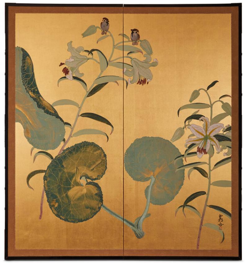 Japanese Two Panel Screen Lotus Leaves and Stargazer Lilies on Gold