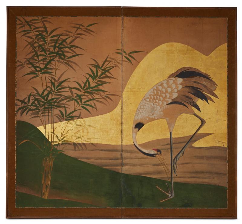 Japanese Two Panel Screen Manchurian Crane by Water s Edge