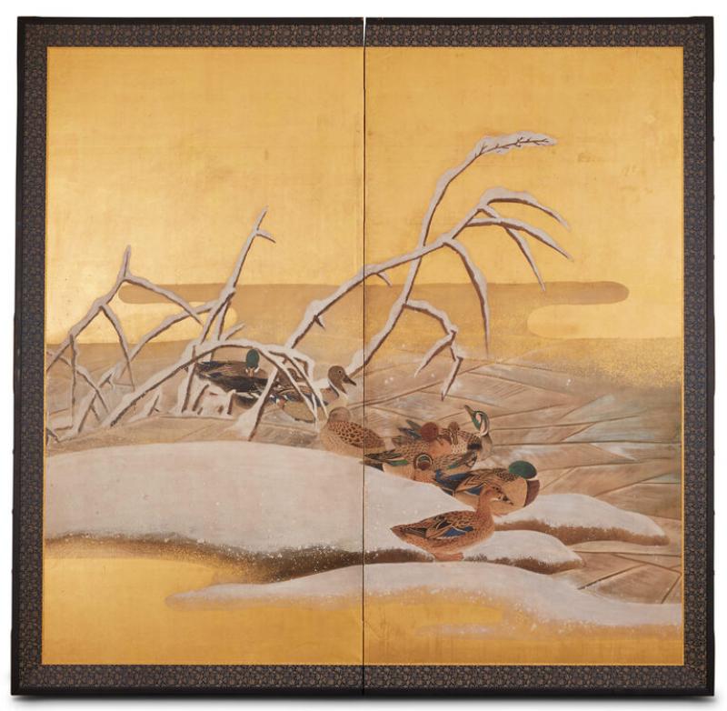 Japanese Two Panel Screen Mandarin Ducks in Winter