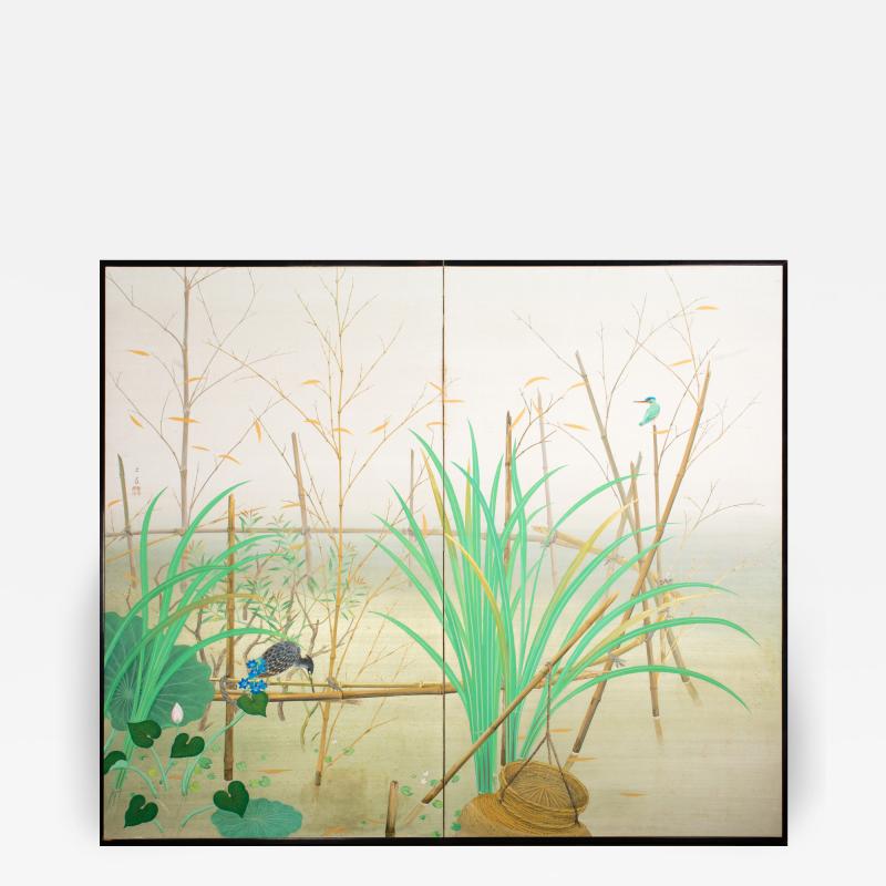 Japanese Two Panel Screen Marsh Flowers