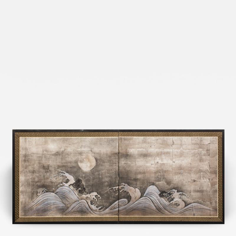 Japanese Two Panel Screen Moon Over Waves