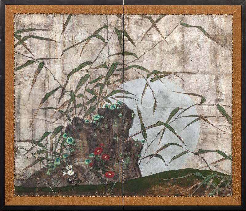 Japanese Two Panel Screen Moon Rising Through Bamboo On Silver Leaf