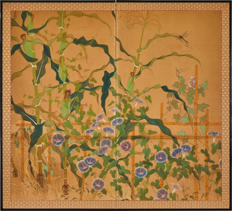 Japanese Two Panel Screen Morning Glories with Maize and Bamboo Trellis