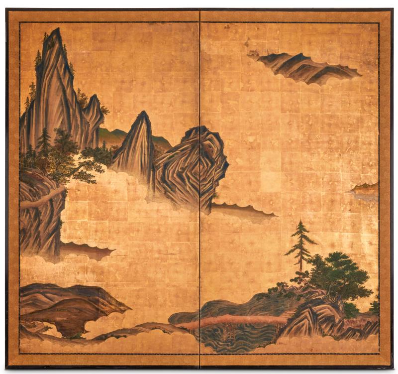 Japanese Two Panel Screen Mountain Landscape With Cedar and Pine on Gold Leaf