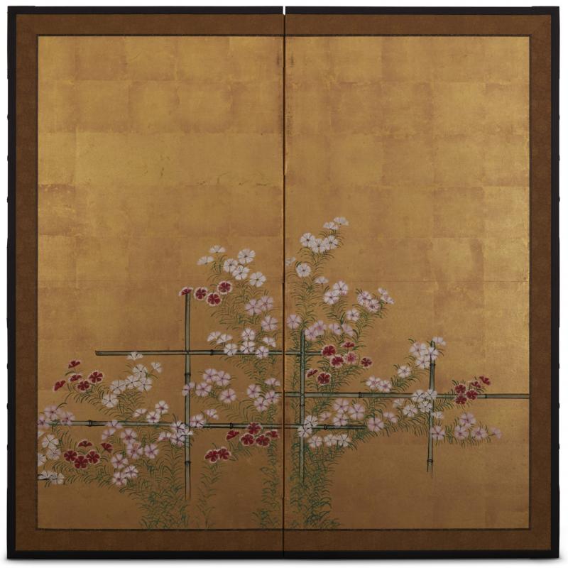 Japanese Two Panel Screen Nadeshiko on Bamboo Trellis