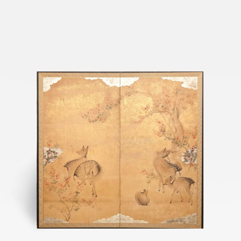 Japanese Two Panel Screen Nara Deer in Gentle Yoshino Landscape