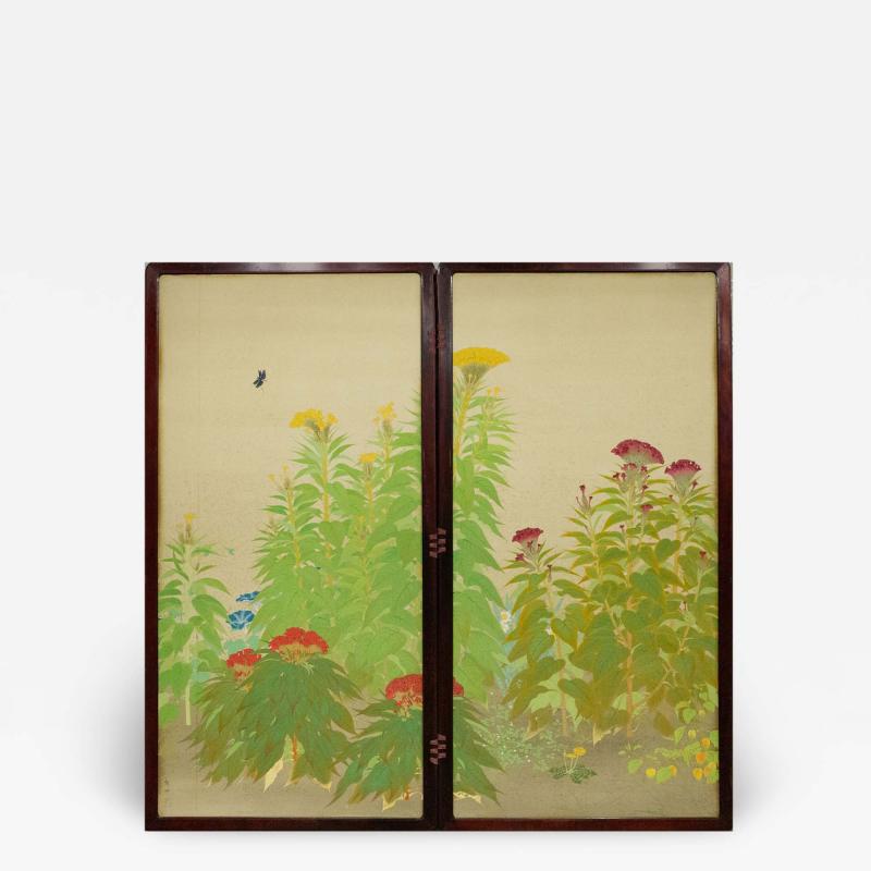 Japanese Two Panel Screen Nihonga Style Garden