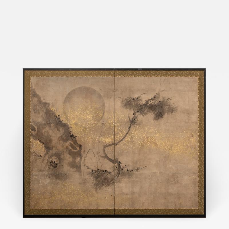 Japanese Two Panel Screen Old Pine and Moon