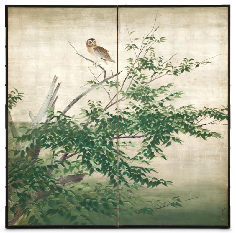 Japanese Two Panel Screen Owl in the Wild