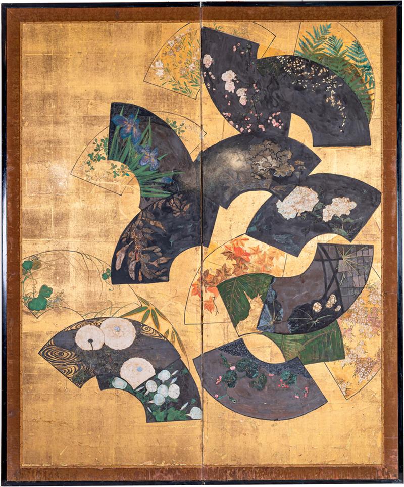 Japanese Two Panel Screen Painted Fans on Gold Leaf