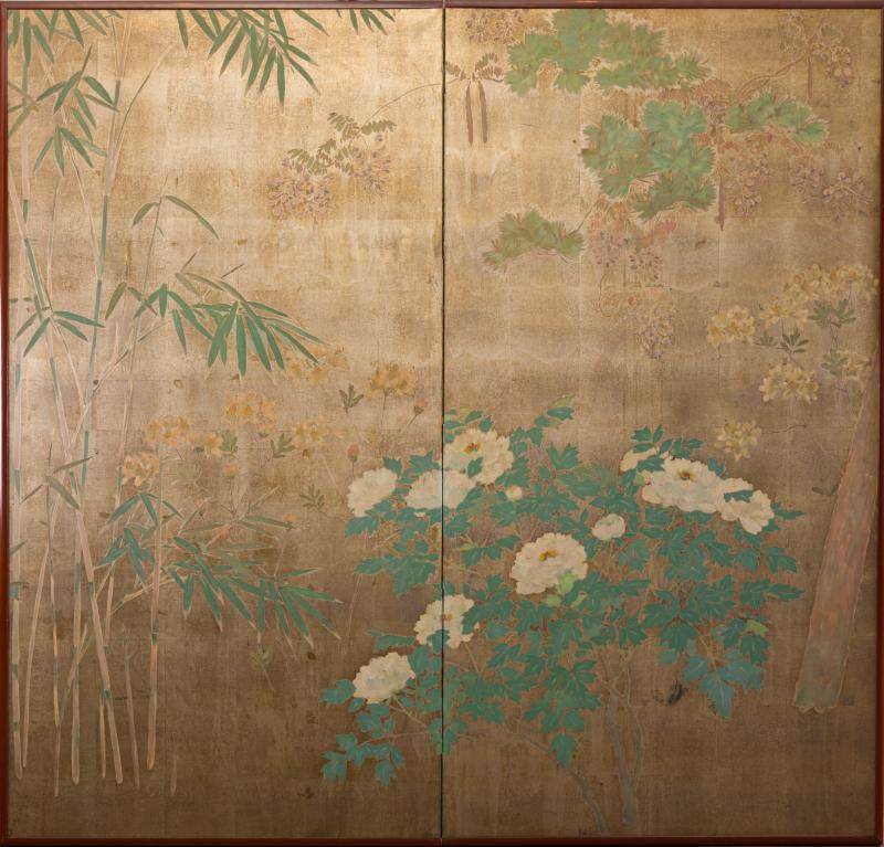 Japanese Two Panel Screen Peony Wisteria Cherry and Bamboo on Soft Silver