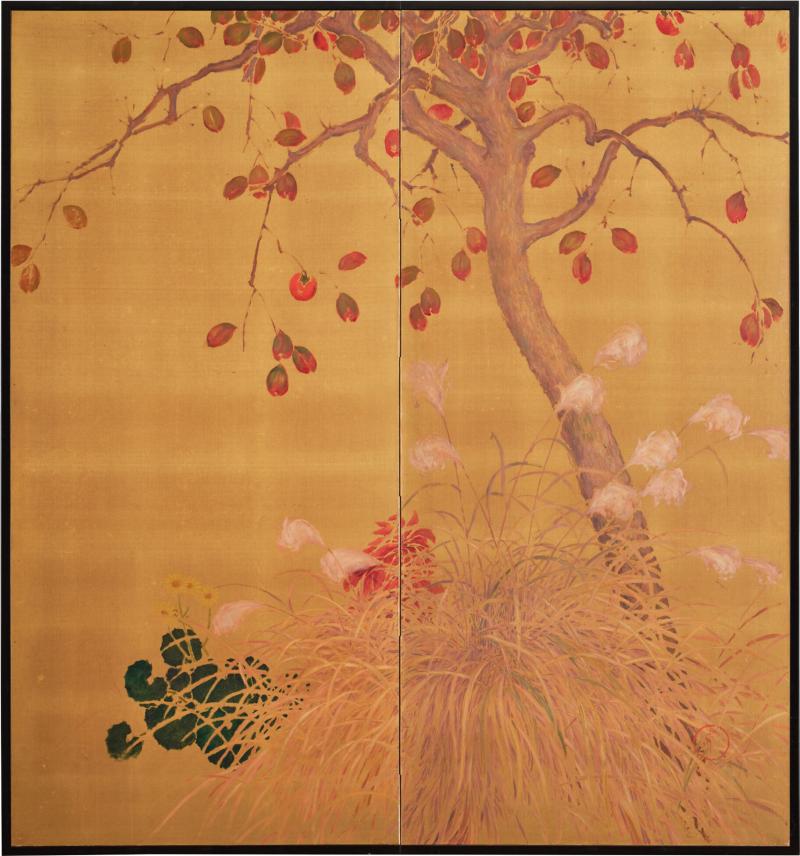 Japanese Two Panel Screen Persimmon on Gold Silk