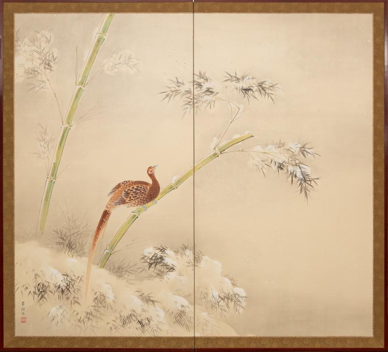 Japanese Two Panel Screen Pheasant and Snow Covered Bamboo