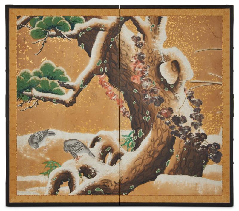 Japanese Two Panel Screen Pine in Snowy Landscape with Doves