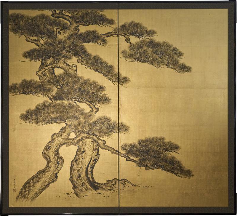 Japanese Two Panel Screen Pine on Gold